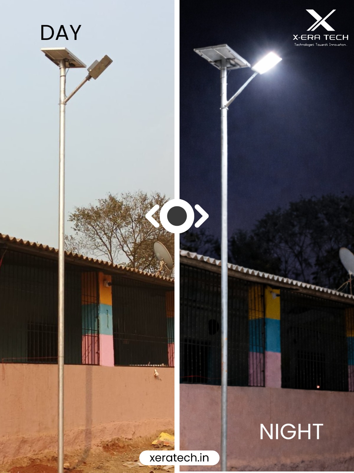 Split day and night comparison image of a decorative street light pole showing appearance in daylight vs illuminated at night