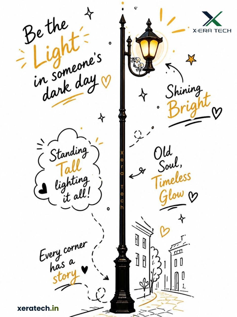 Artistic hand-drawn style motivational social media post with decorative lamp post sketches and quotes: 'Be the Light in someone's dark day', 'Shining Bright', 'Standing Tall', 'Old Soul, Timeless Glow'