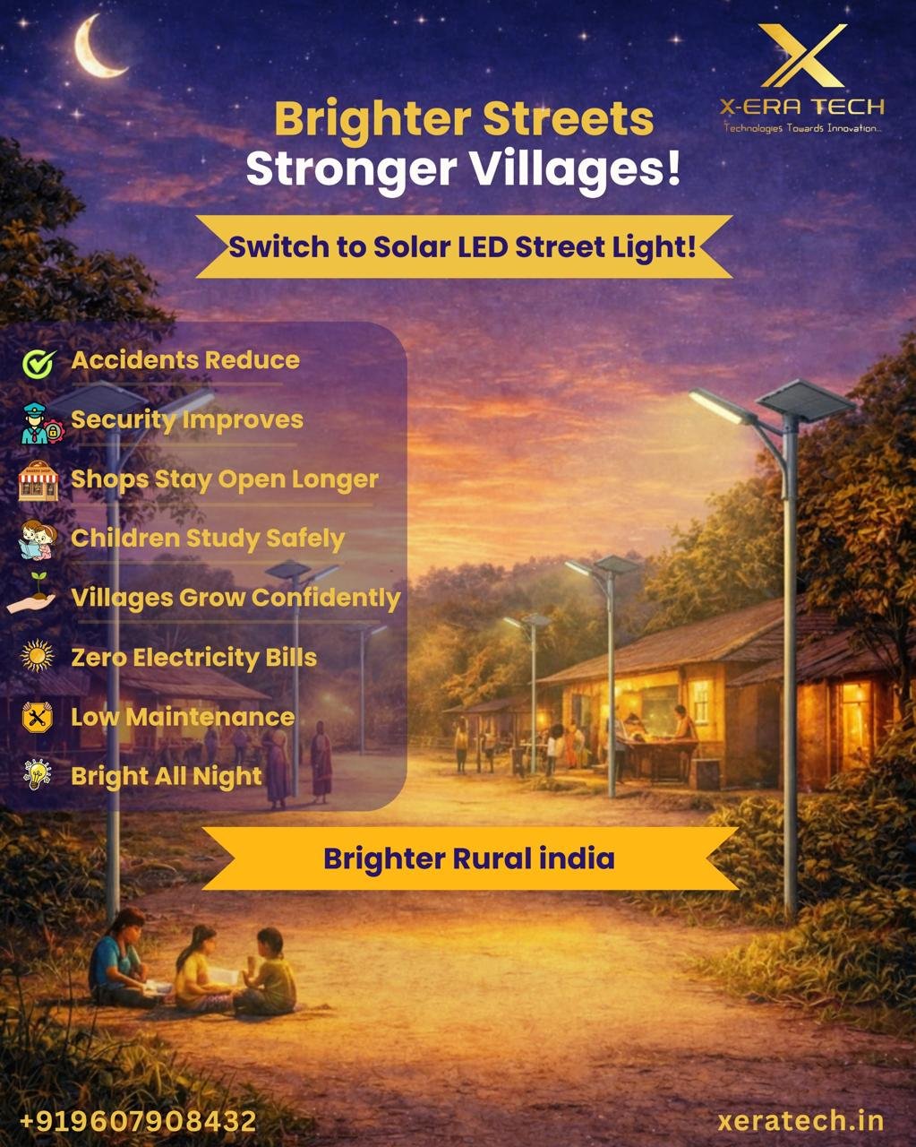 Green-toned branded post titled 'Brighter Streets, Stronger Villages – Switch to Solar LED Street Lights' with feature bullets and village backdrop