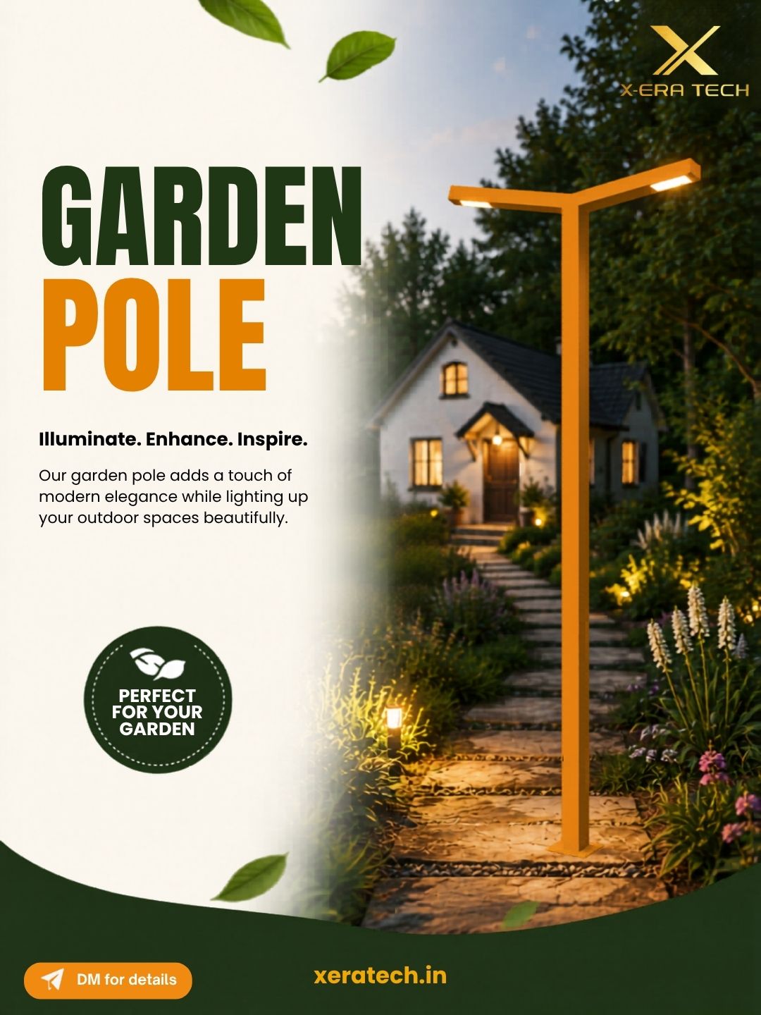 Branded social media post titled 'Garden Pole' featuring a decorative pole light in a lush green garden setting with XeraTech logo