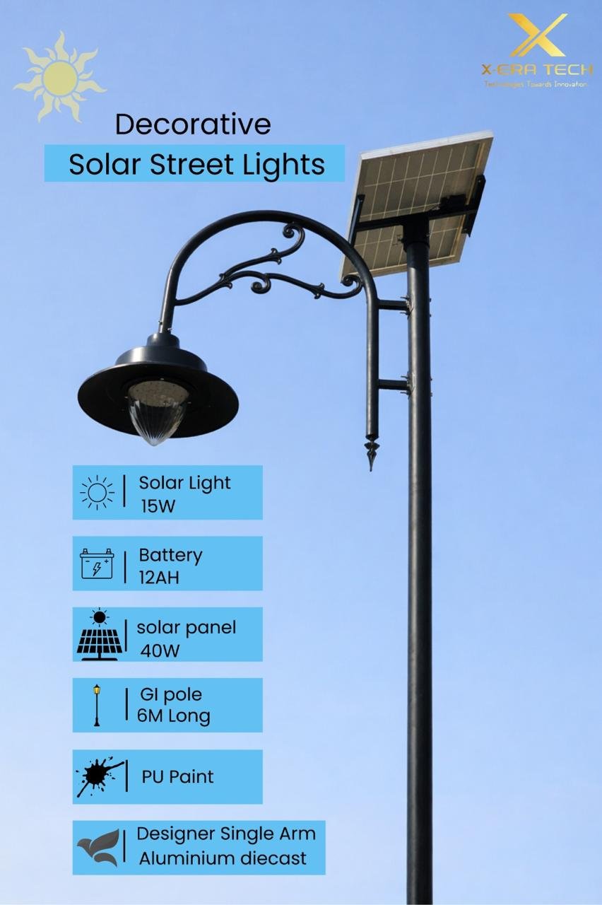 Blue-toned product info post titled 'Decorative Solar Street Light' with feature icons: solar panel, energy storage, LED, low maintenance, durable, IP-rated aluminium body