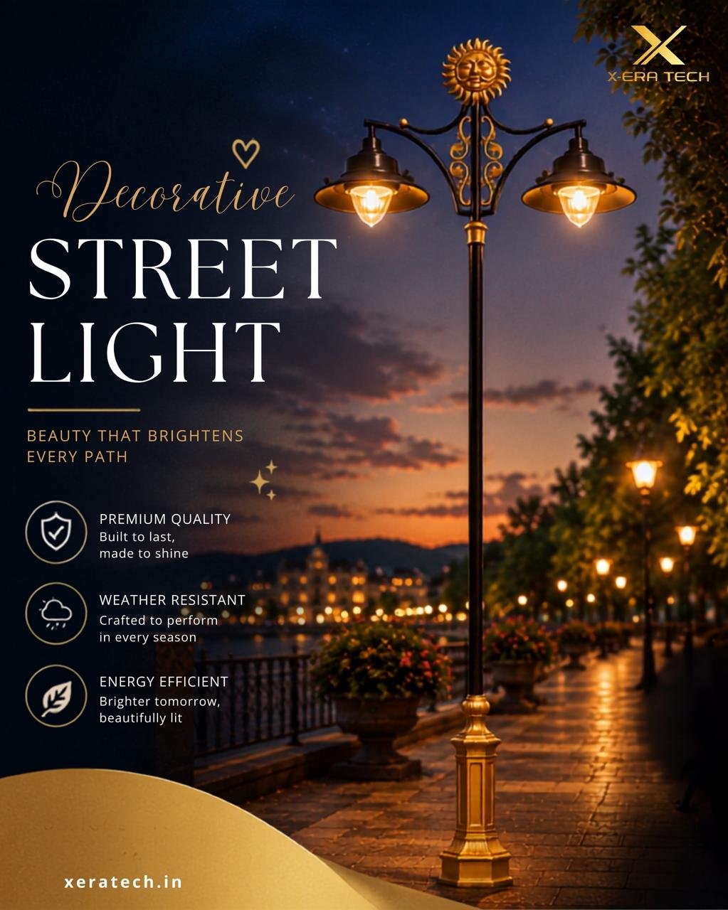 Dark scenic post titled 'Decorative Street Light – Beauty That Brightens Every Path' featuring classic ornate street lights reflecting on a wet road at night