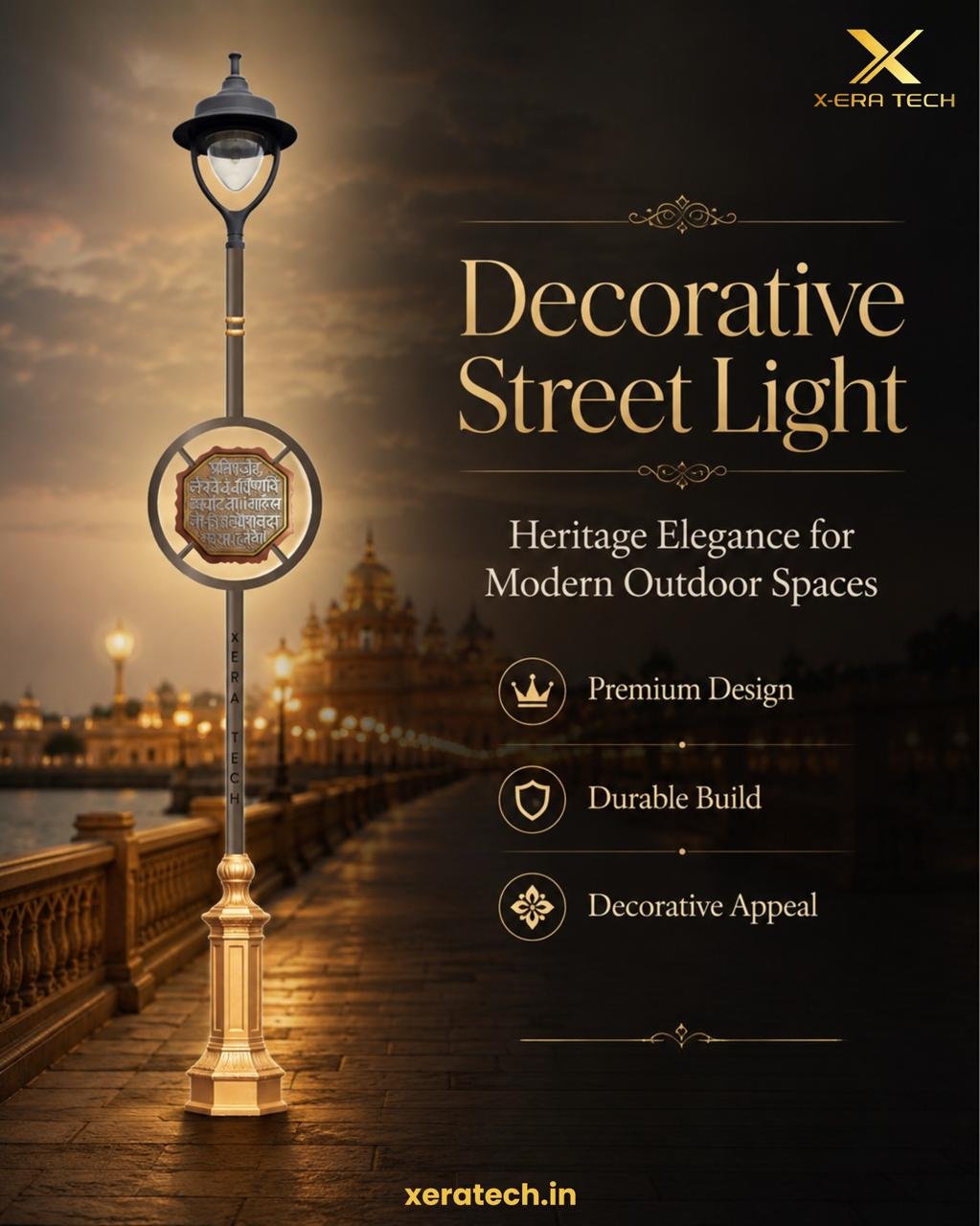 Dark elegant post titled 'Decorative Street Light – Heritage Elegance for Modern Outdoor Spaces' featuring a black Victorian-style ornate street light with premium design, durable build and decorative appeal icons