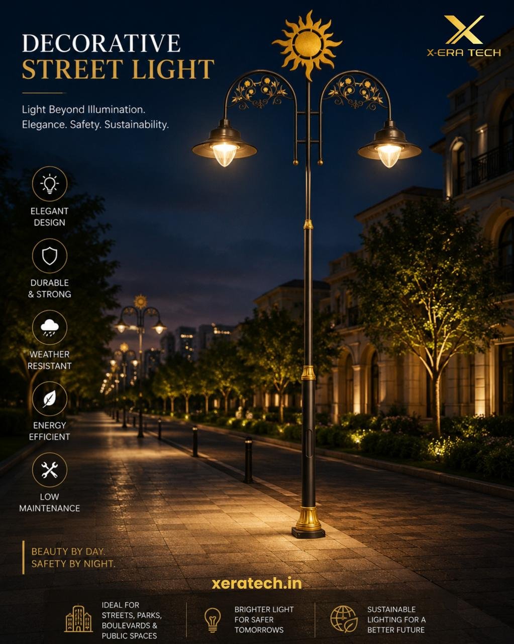 Dark blue detailed infographic post titled 'Decorative Street Light – Light Beyond Boundaries' with feature icons: IP65, durable, weather proof, smart control, low maintenance