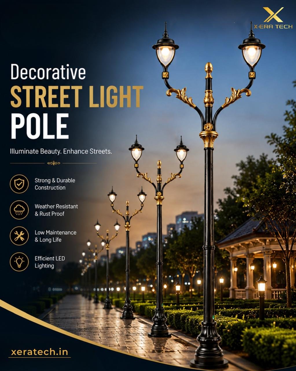 Dark gold-themed product post titled 'Decorative Street Light Pole' featuring a multi-arm ornate gold pole with feature bullets: durable, weather resistant, low maintenance, efficient LED