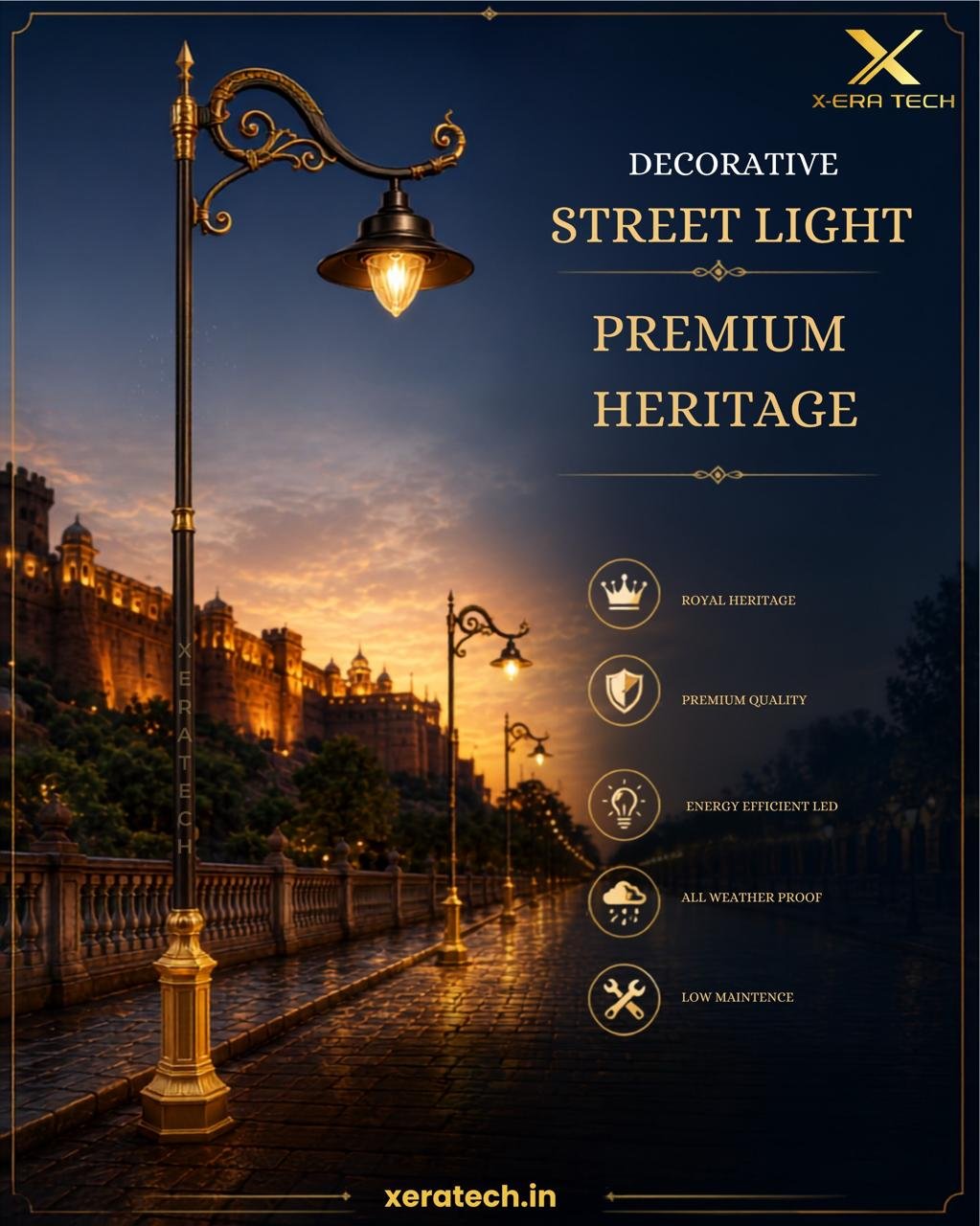 Dark dramatic post titled 'Decorative Street Light – Premium Heritage' featuring a gold ornate multi-arm street light against a glowing cityscape with feature icons