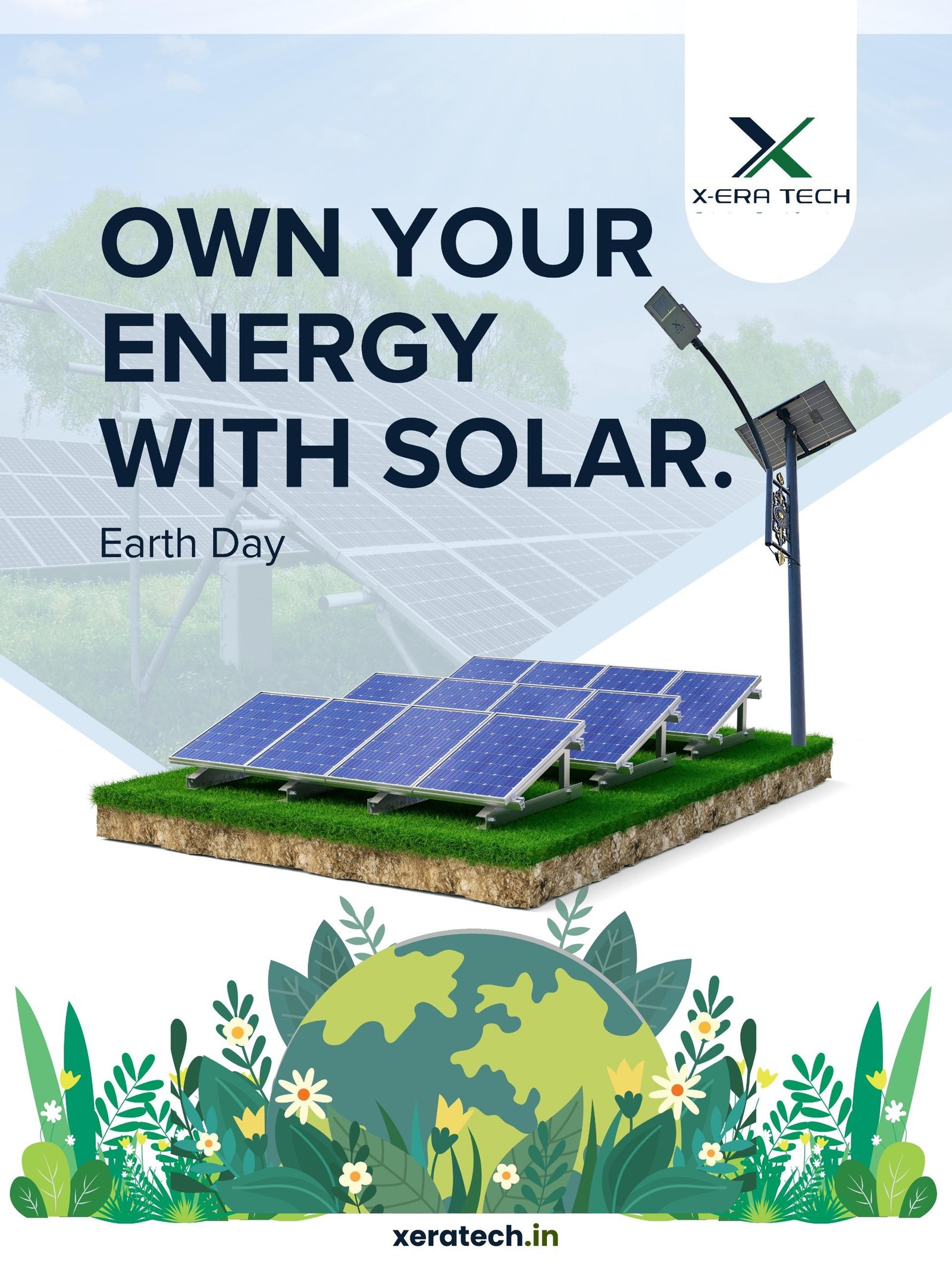 Green illustrated Earth Day post titled 'Own Your Energy with Solar' featuring a solar panel on a home graphic for eco-awareness
