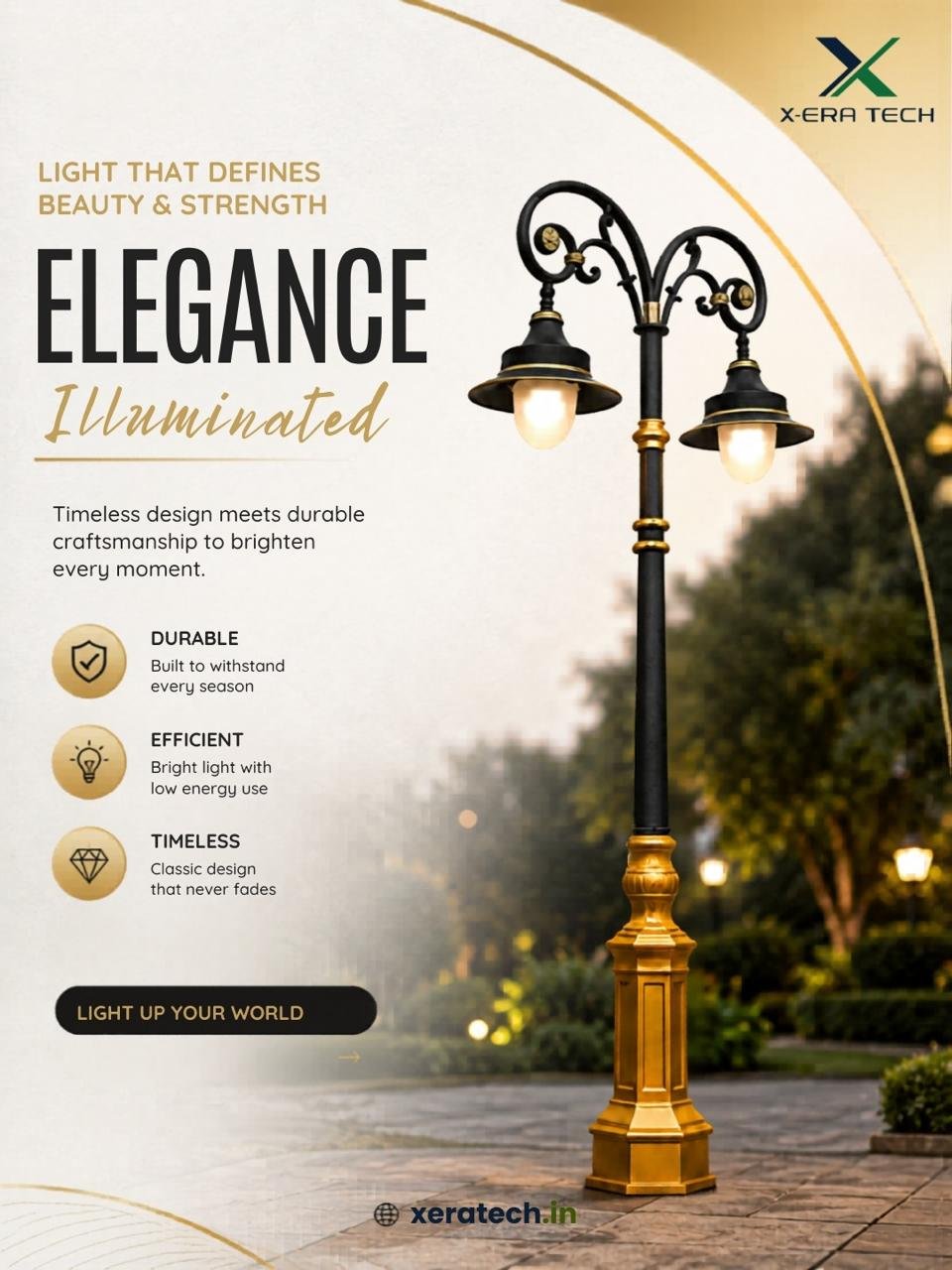 Premium branded post titled 'Elegance Illuminated' featuring a gold-finish multi-arm decorative street light pole with feature highlights: timeless, durable, bright, efficient