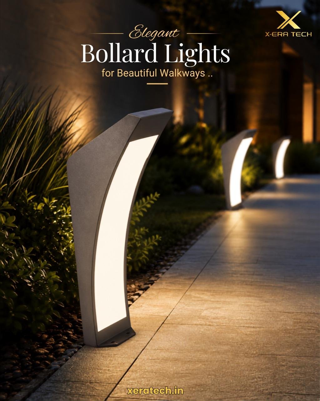 Dark ambient post titled 'Elegant Bollard Lights for Beautiful Walkways' featuring a modern white bollard light glowing warmly on a garden pathway