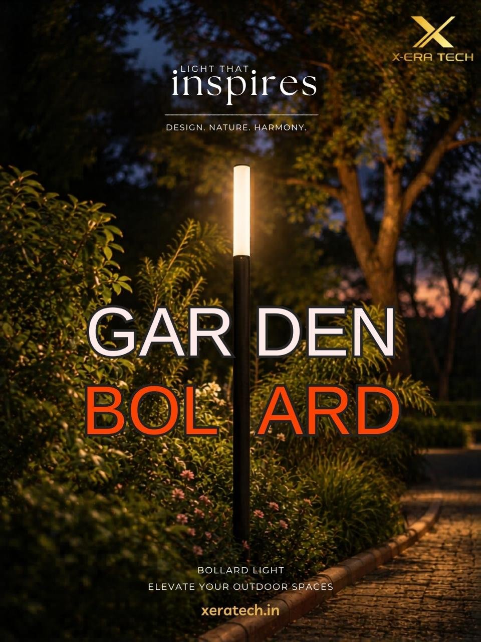 Dark premium branded post titled 'Garden Bollard' with 'inspires' tagline featuring a glowing ornate bollard light in a garden at night