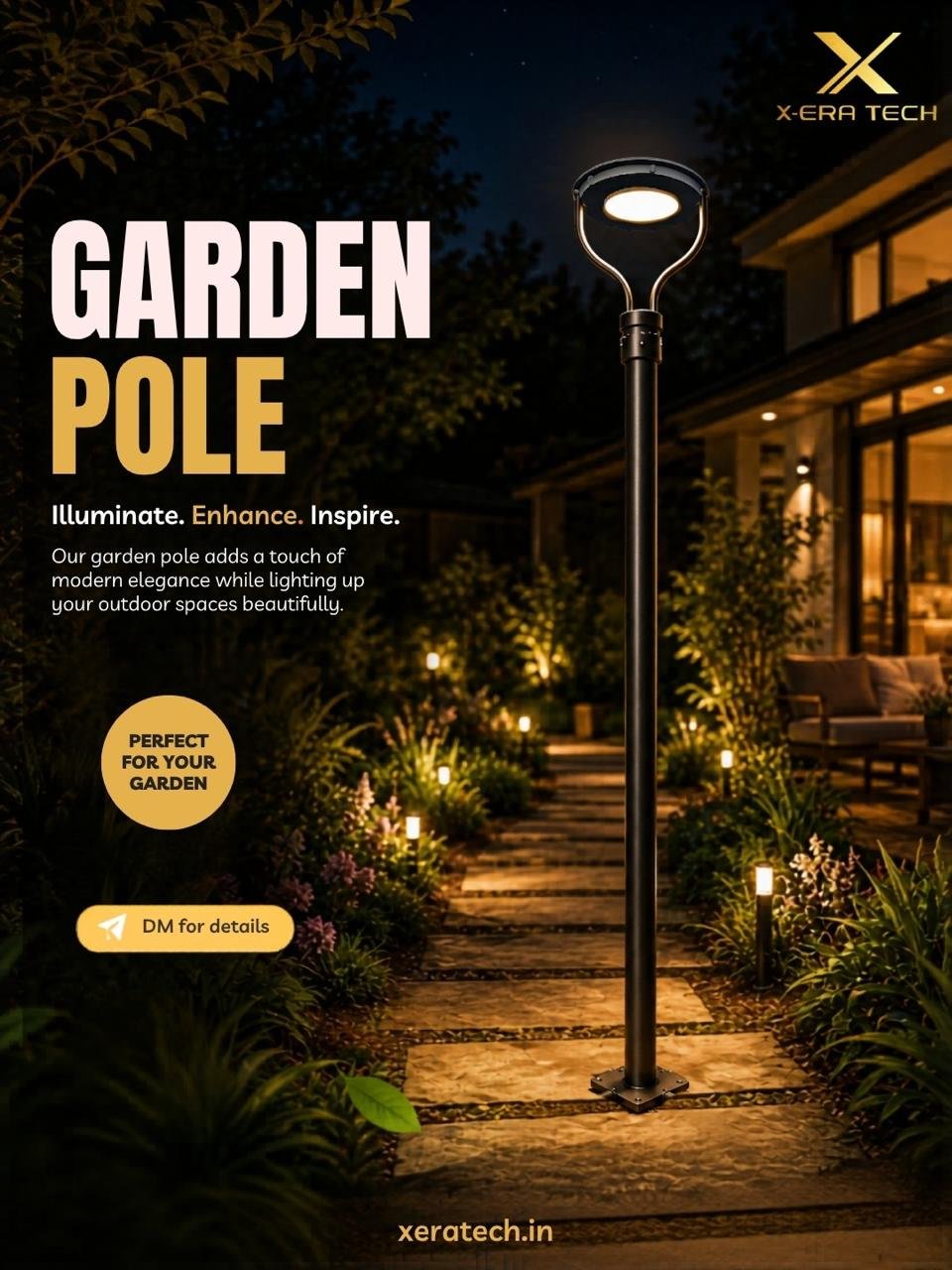 Dark ambient branded post titled 'Garden Pole' with 'Illuminate, Enhance, Inspire' tagline showing a decorative garden pole light in a warm outdoor setting