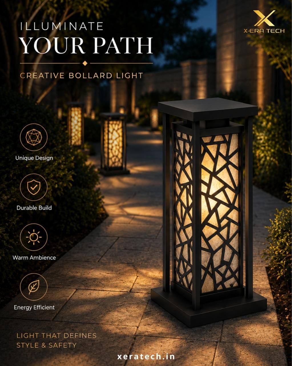 Dark premium branded post titled 'Illuminate Your Path – Creative Bollard Light' featuring an ornate lattice-pattern bollard light glowing warmly with feature icons: elegant design, durable build, energy efficient