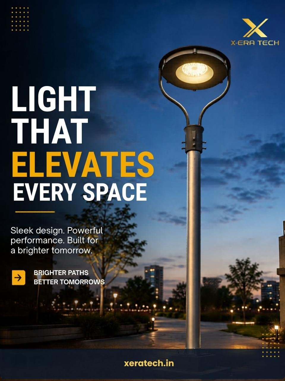 Bold dark-themed branded post titled 'Light That Elevates Every Space' featuring a circular-head garden pole light at dusk with feature callouts