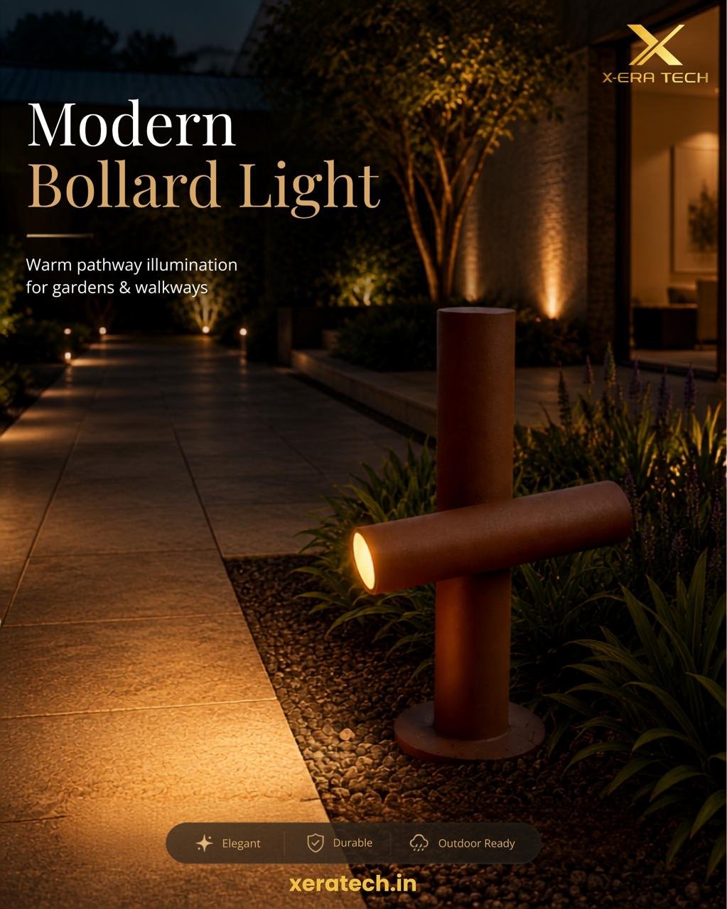 Dark premium post titled 'Modern Bollard Light – Warm Pathway Illumination for Gardens & Walkways' featuring a wooden-finish modern bollard light glowing in a garden