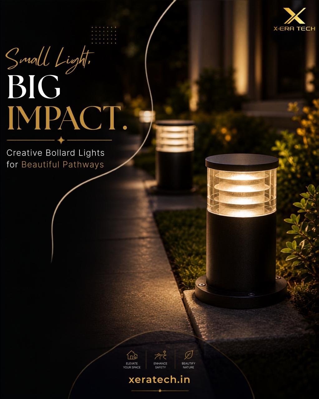Dark premium post titled 'Small Light, Big Impact – Creative Bollard Lights for Beautiful Pathways' featuring a cylindrical bollard glowing softly in a garden setting