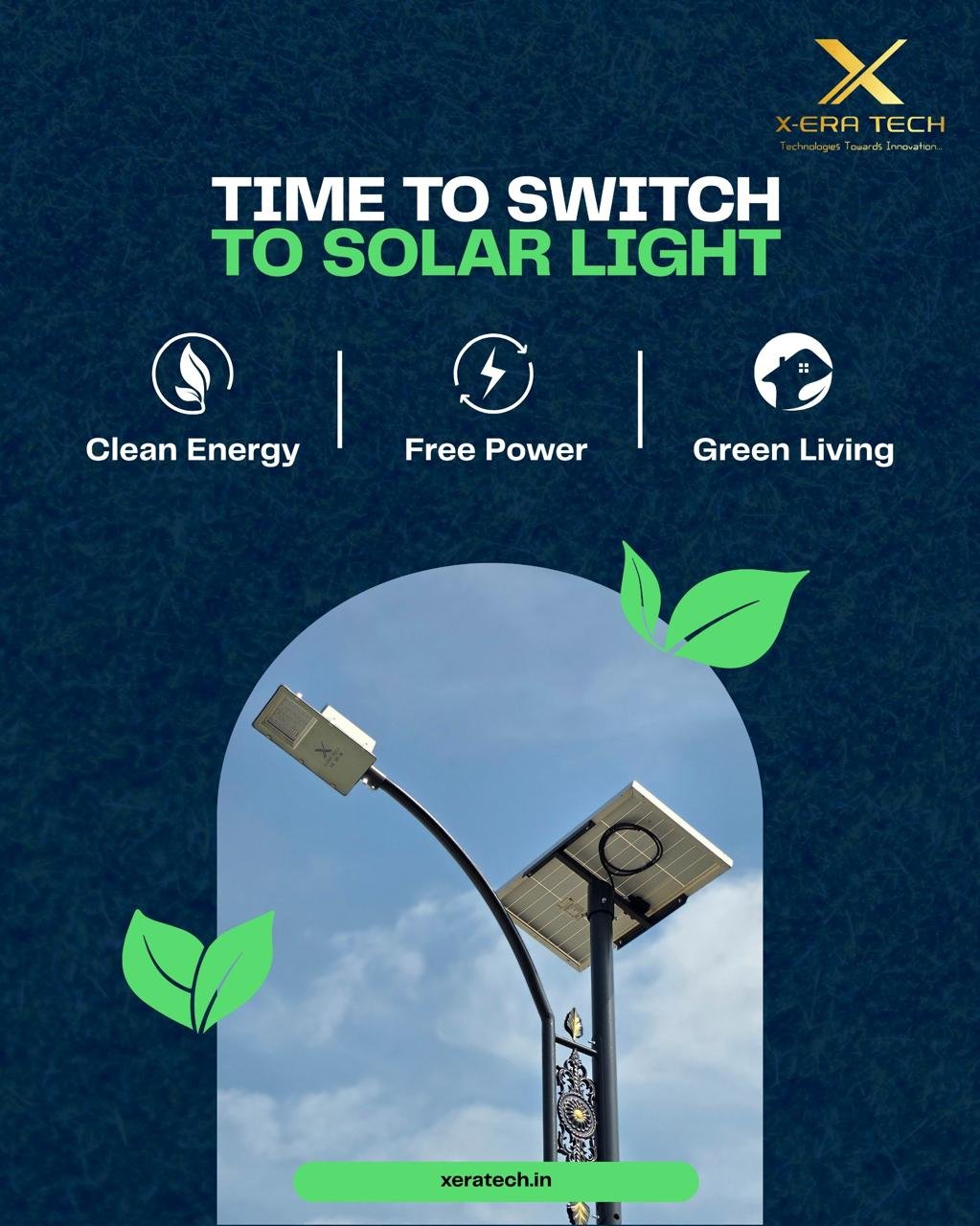Dark blue branded post titled 'Time to Switch to Solar Light' featuring a solar street light with clean energy and green living icons