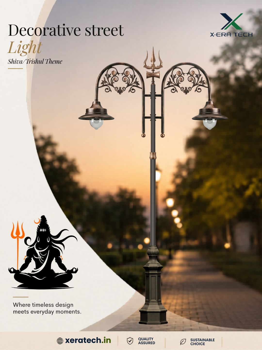 Evening scenic photo showing elegant multi-arm decorative street lights on a tree-lined boulevard with a meditating figure theme