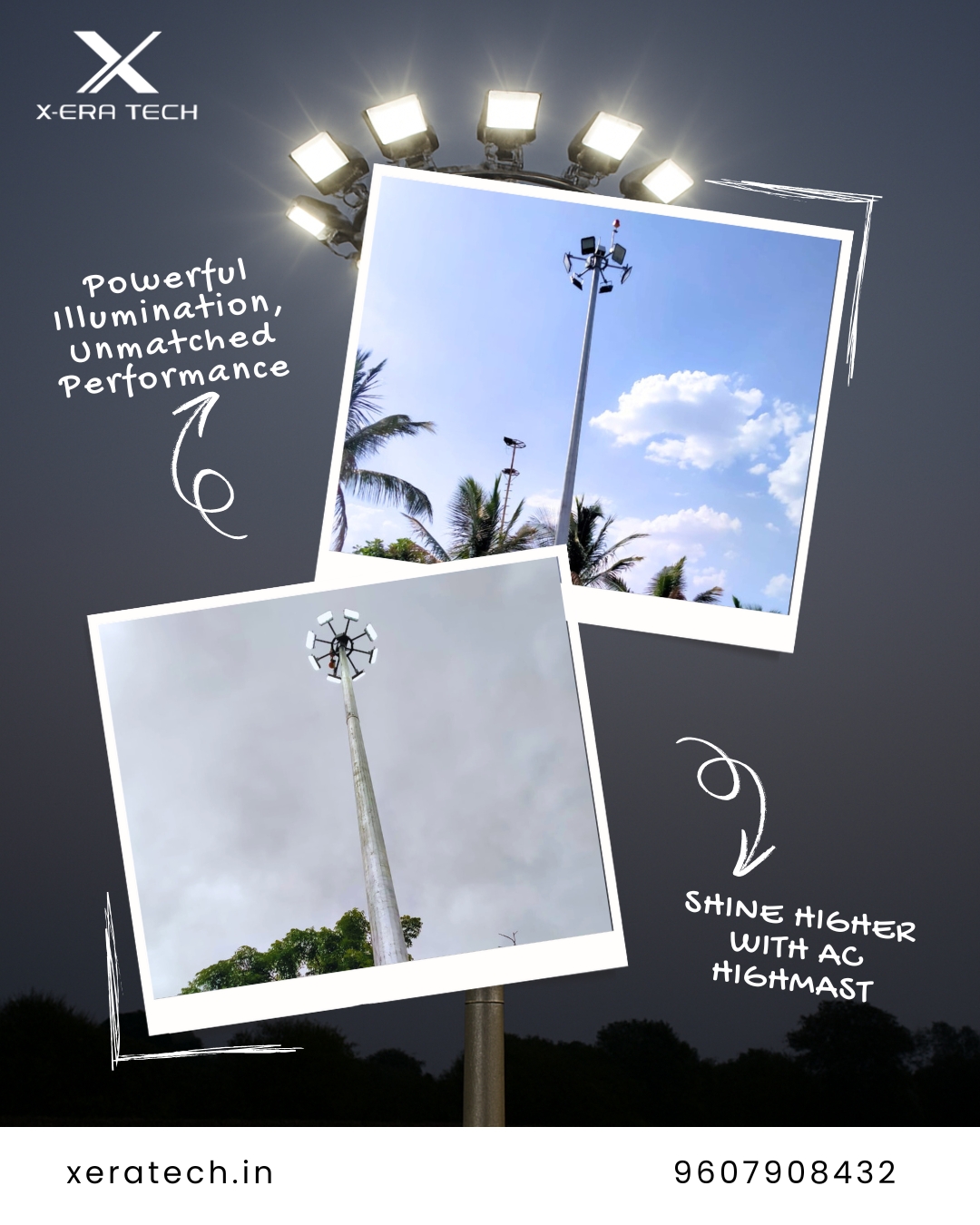 High mast lighting pole at dusk — sports arena illumination