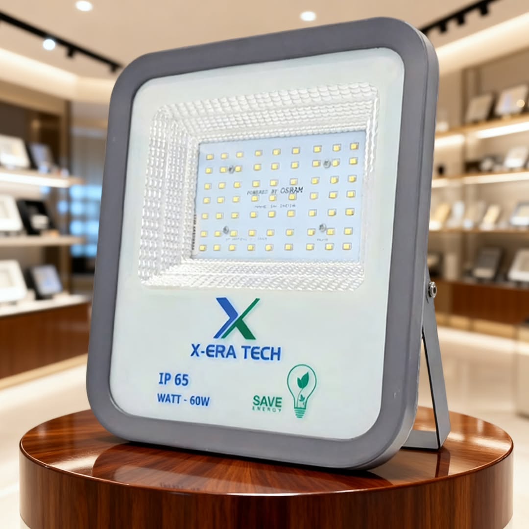 Xeratech downchoke LED flood light — cable exits from bottom/front for low-mount use