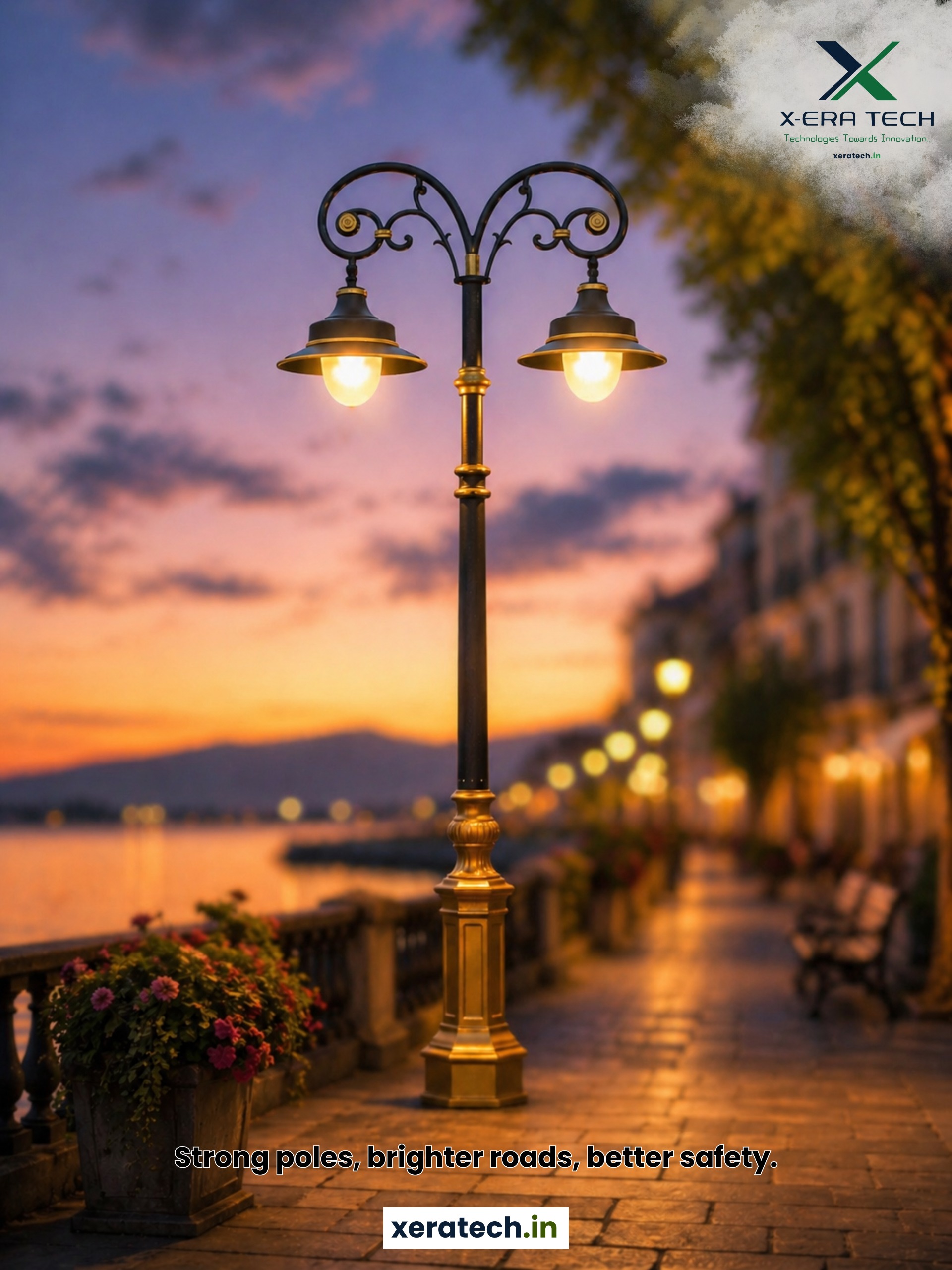 Multi-arm decorative LED street lights casting warm golden glow along a waterfront promenade