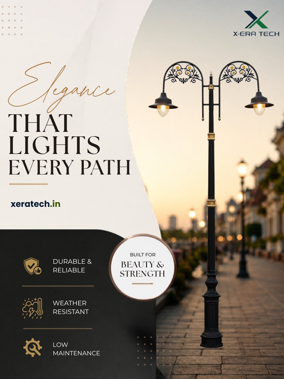 Ornate black decorative street lights lining a cobblestone heritage pathway at night