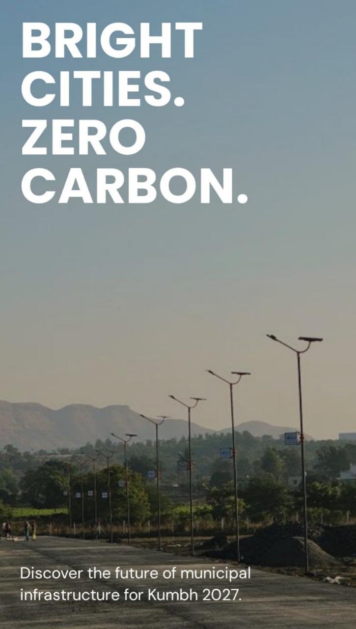 Dramatic branded post titled 'Bright Cities. Zero Carbon.' with solar street lights illuminating a city boulevard at golden hour