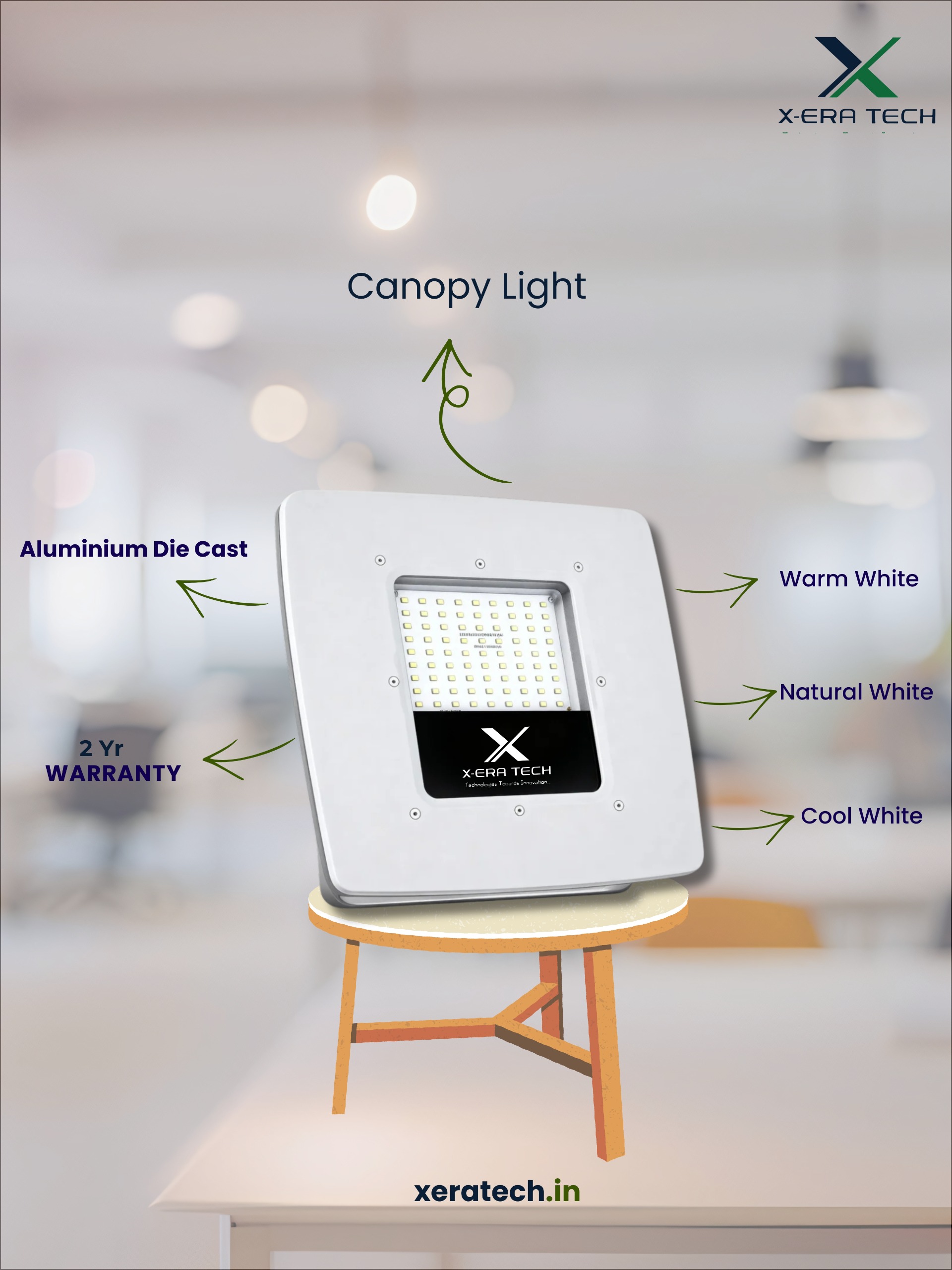 Product showcase post for a canopy-style decorative ceiling light with warm glow, featuring product specs and XeraTech branding