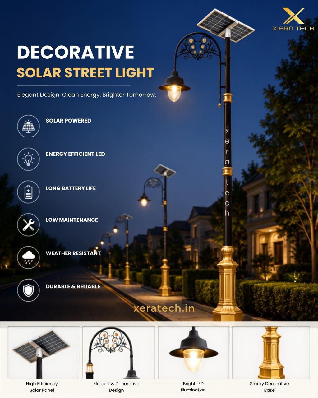 Blue-toned detailed product infographic titled 'Decorative Solar Street Light – Elegant Design, Clean Energy, Brighter Tomorrow' with feature icons and pole variants at bottom