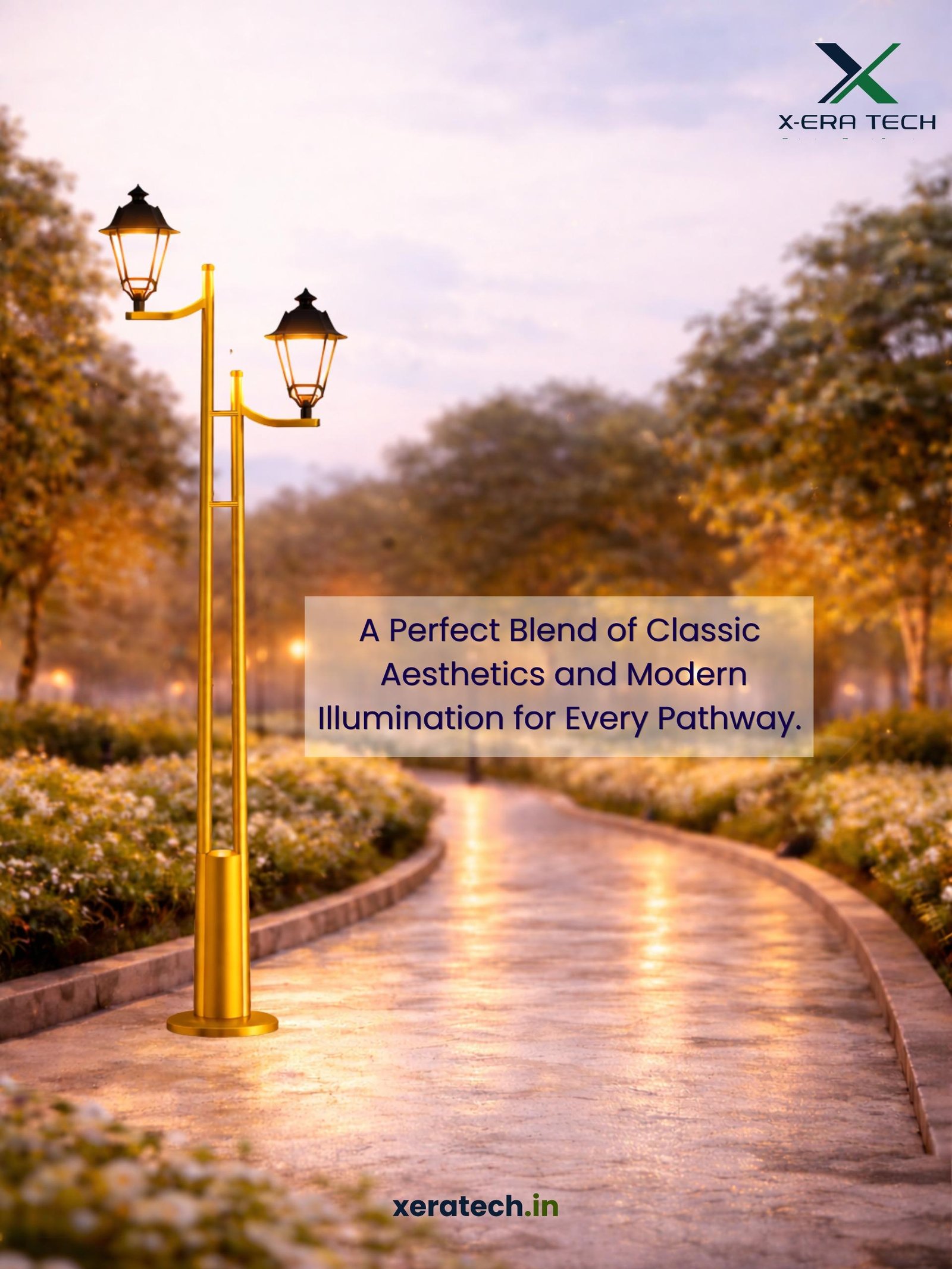 Golden hour scenic post showing decorative street lights on a wet cobblestone pathway with the caption 'A Perfect Blend of Classic Aesthetics and Modern Illumination for Every Pathway'