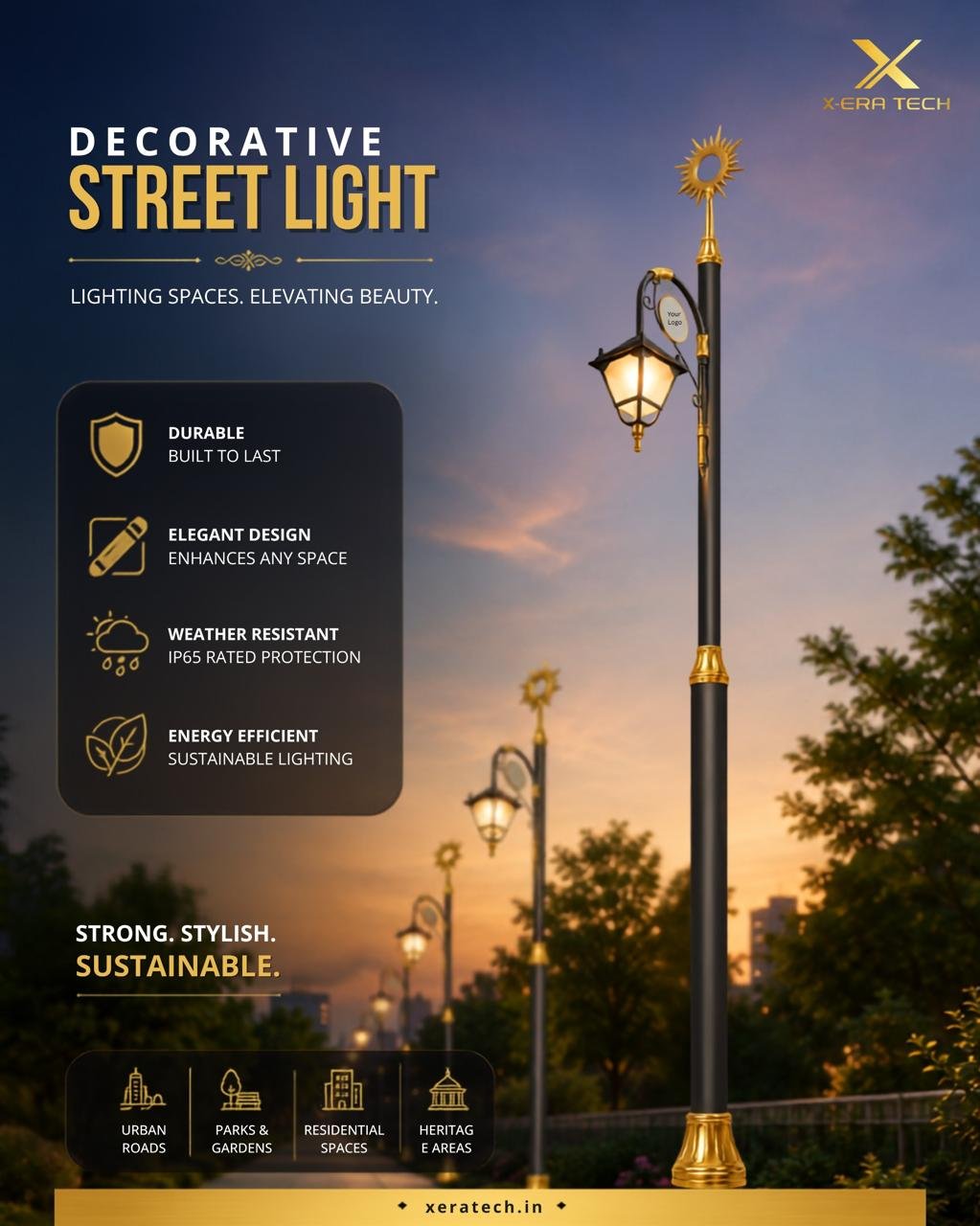 Gold and black branded post titled 'Decorative Street Light – Lighting Spaces, Elevating Beauty – Durable, Stylish, Sustainable' with feature icons on a warm boulevard backdrop