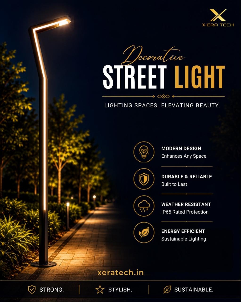 Dark branded post titled 'Decorative Street Light – Lighting Spaces, Elevating Beauty' with feature icons: modern design, durable & reliable, weather resistant, energy efficient
