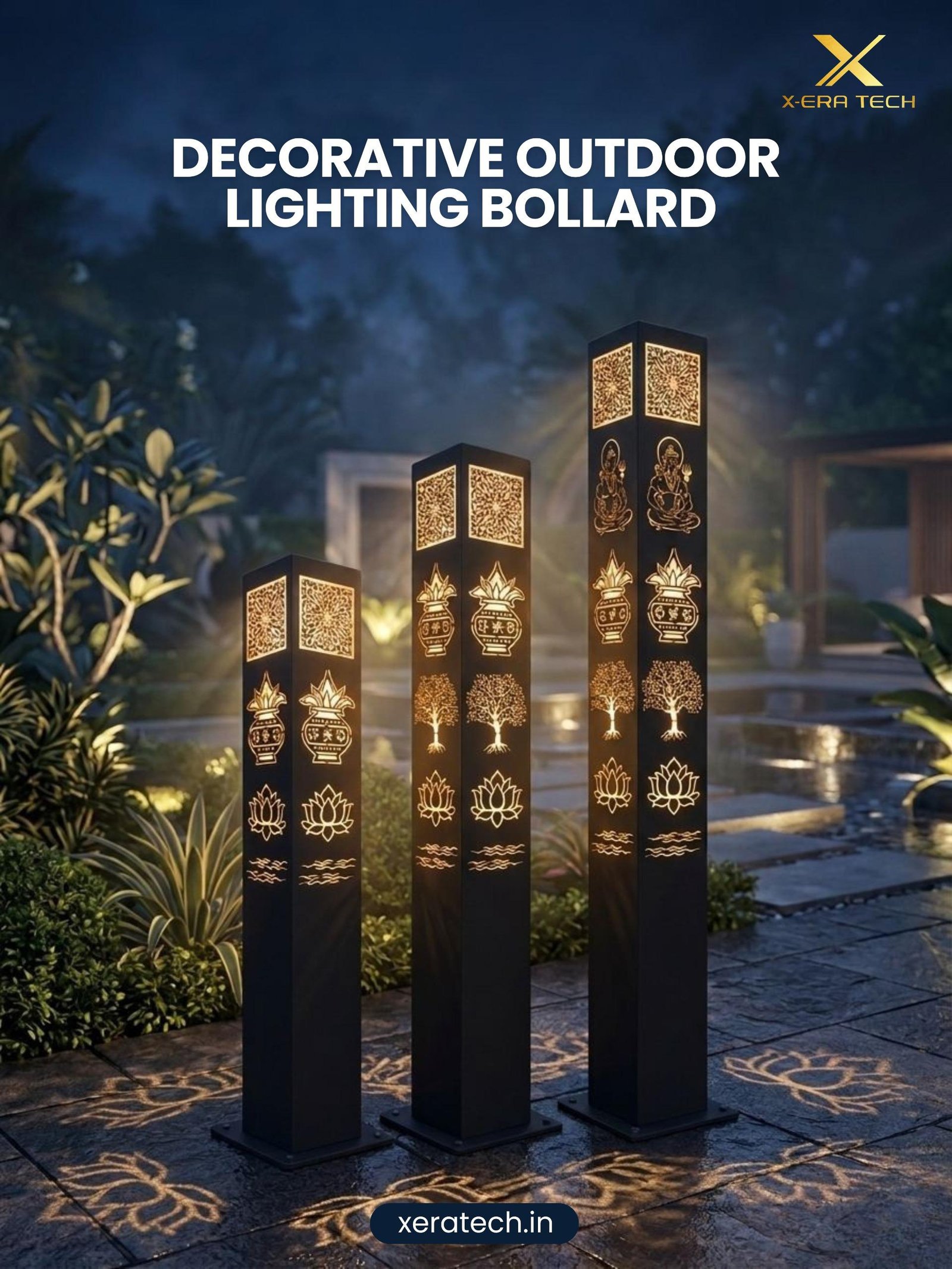 Dark premium product image titled 'Decorative Outdoor Lighting Bollard' featuring tall ornate Kumbha (water pot) themed bollard lights with glowing geometric panels in a garden setting