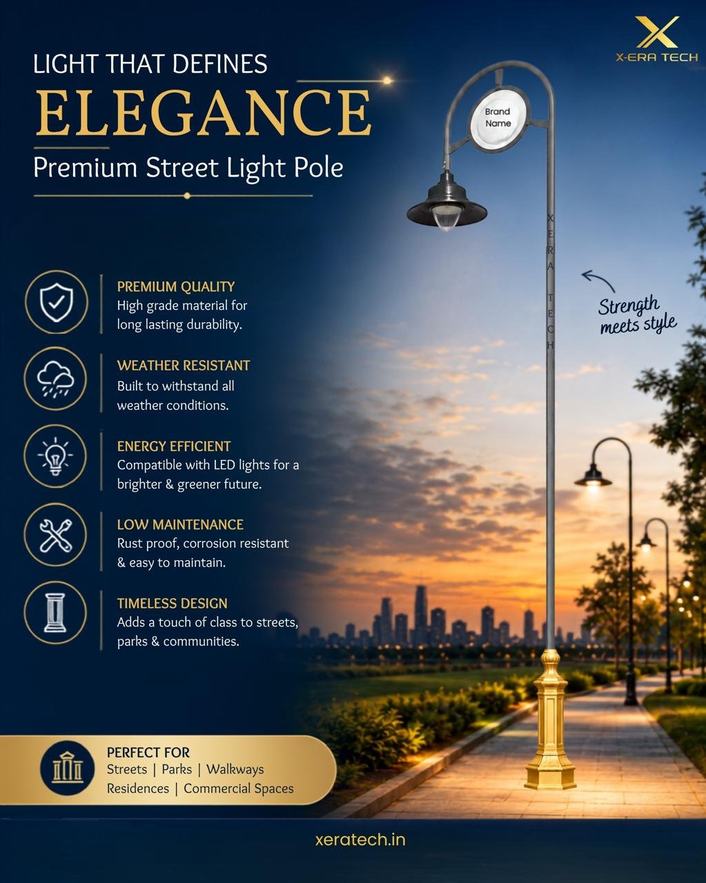 Dark blue branded post titled 'Light That Defines Elegance – Premium Street Light Pole' with feature bullets: premium quality, weather resistant, low maintenance, timeless design