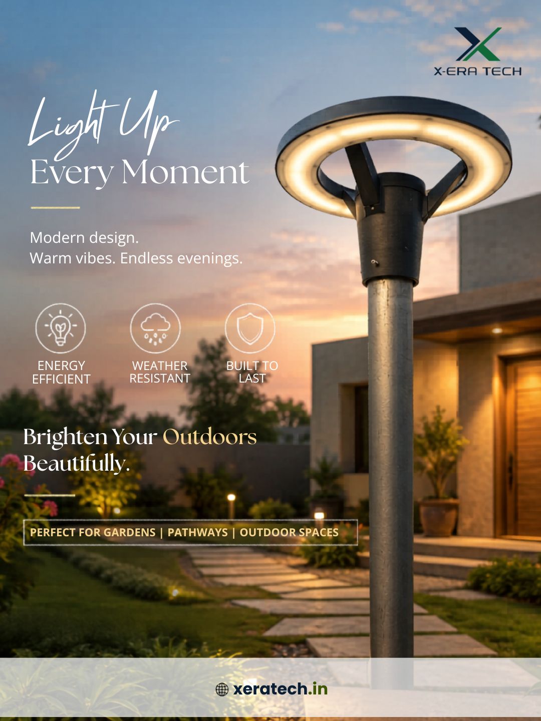 Elegant brand post titled 'Light Up Every Moment' featuring a modern ring/canopy-style decorative outdoor pole light at dusk with building backdrop