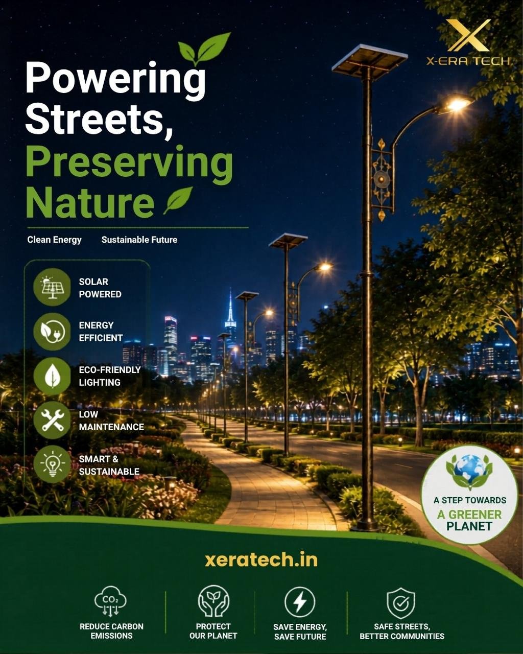Green-toned eco branded post titled 'Powering Streets, Preserving Nature' featuring a solar decorative street light with eco certifications and green energy icons