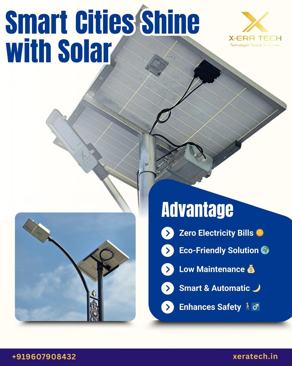 Blue-toned branded post titled 'Smart Cities Shine with Solar' featuring a solar street light with advantage bullets: zero electricity bills, eco-friendly, low maintenance, smart & automatic