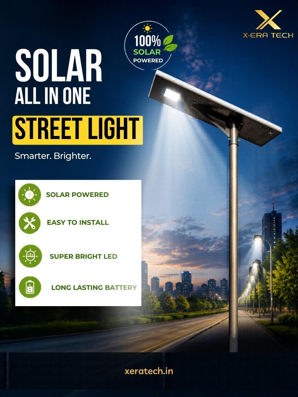 Dark-themed branded post titled 'Solar All in One Street Light – Smarter. Brighter.' featuring an all-in-one solar street light with feature bullets: solar powered, easy to install, super bright LED, long-lasting battery
