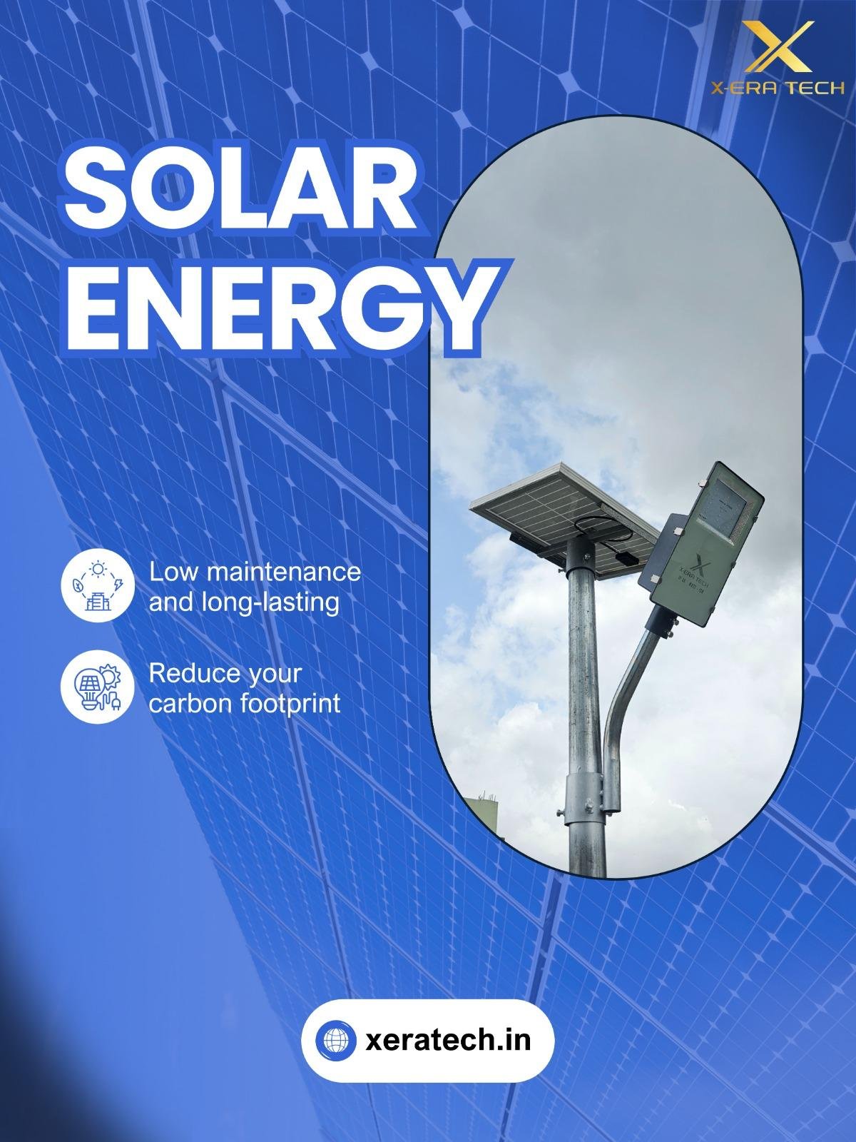Dark blue branded post titled 'Solar Energy' featuring a solar street light with benefits: low maintenance, fast long-lasting, reduce carbon footprint