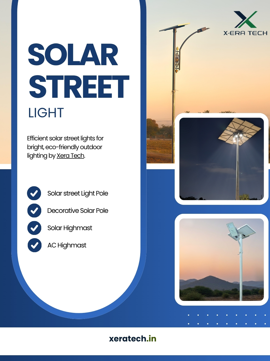 Blue-themed branded post titled 'Solar Street Light' with product specifications, key feature bullet points and XeraTech logo