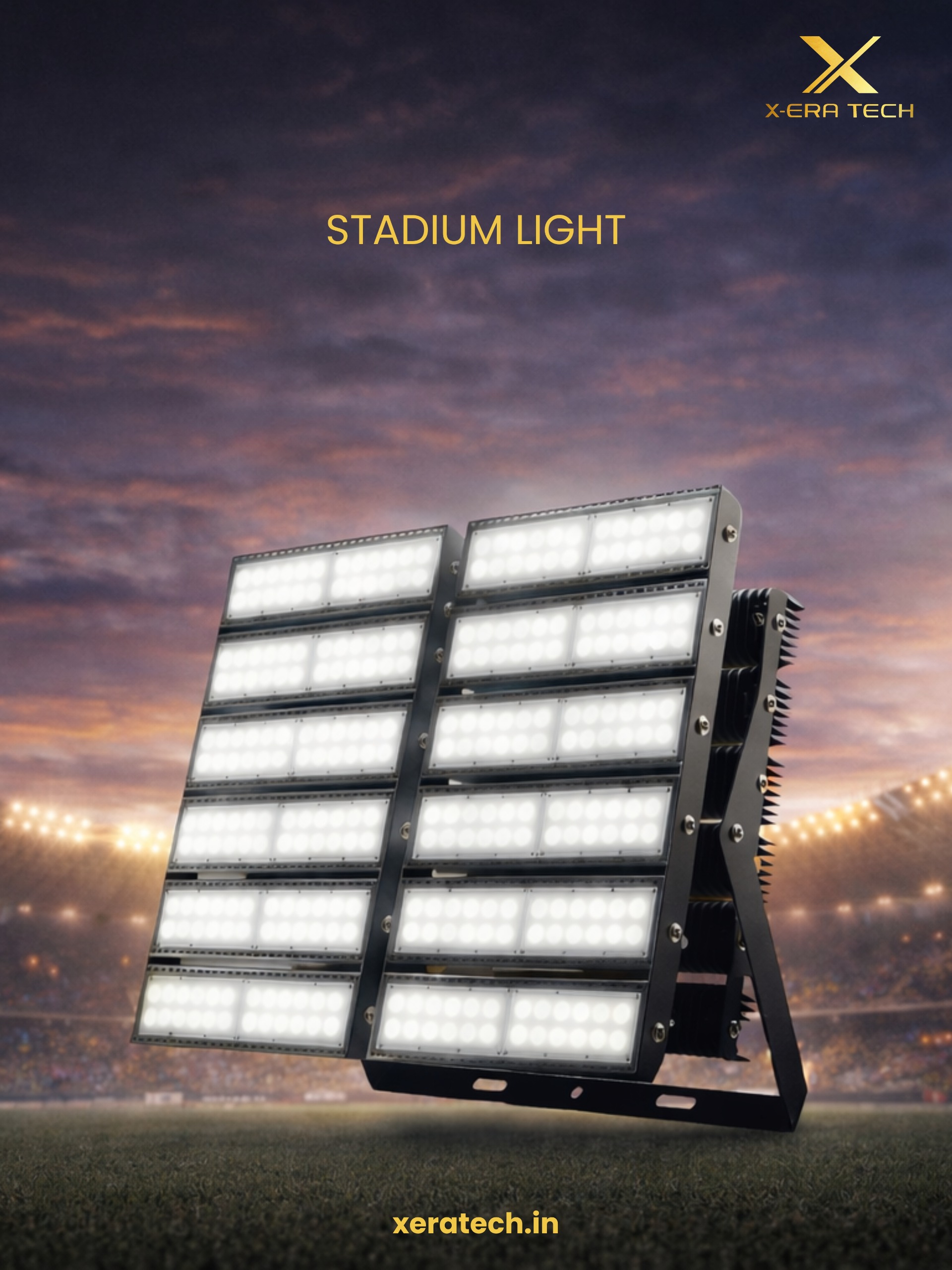 Dark dramatic product image of a stadium light fixture with glowing LED array on deep purple background with XeraTech branding