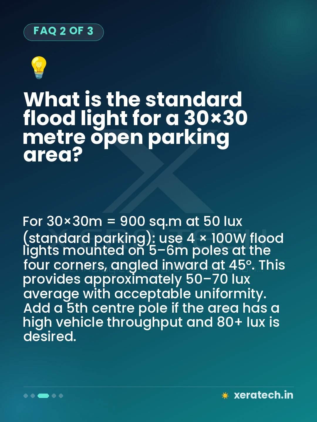 What is the standard flood light for a 30×30 metre open parking area?