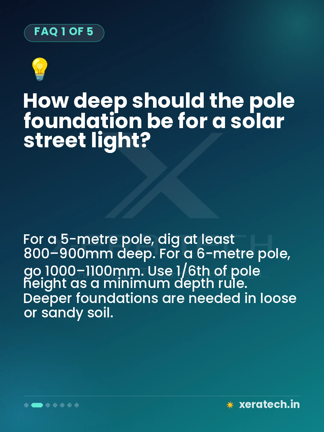 How deep should the pole foundation be for a solar street light?