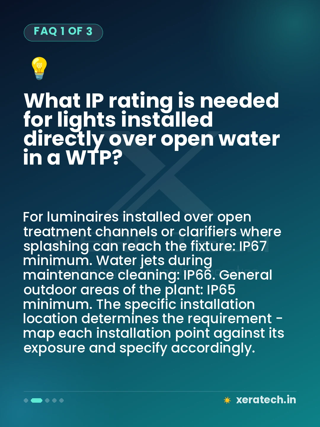 What IP rating is needed for lights installed directly over open water in a WTP?