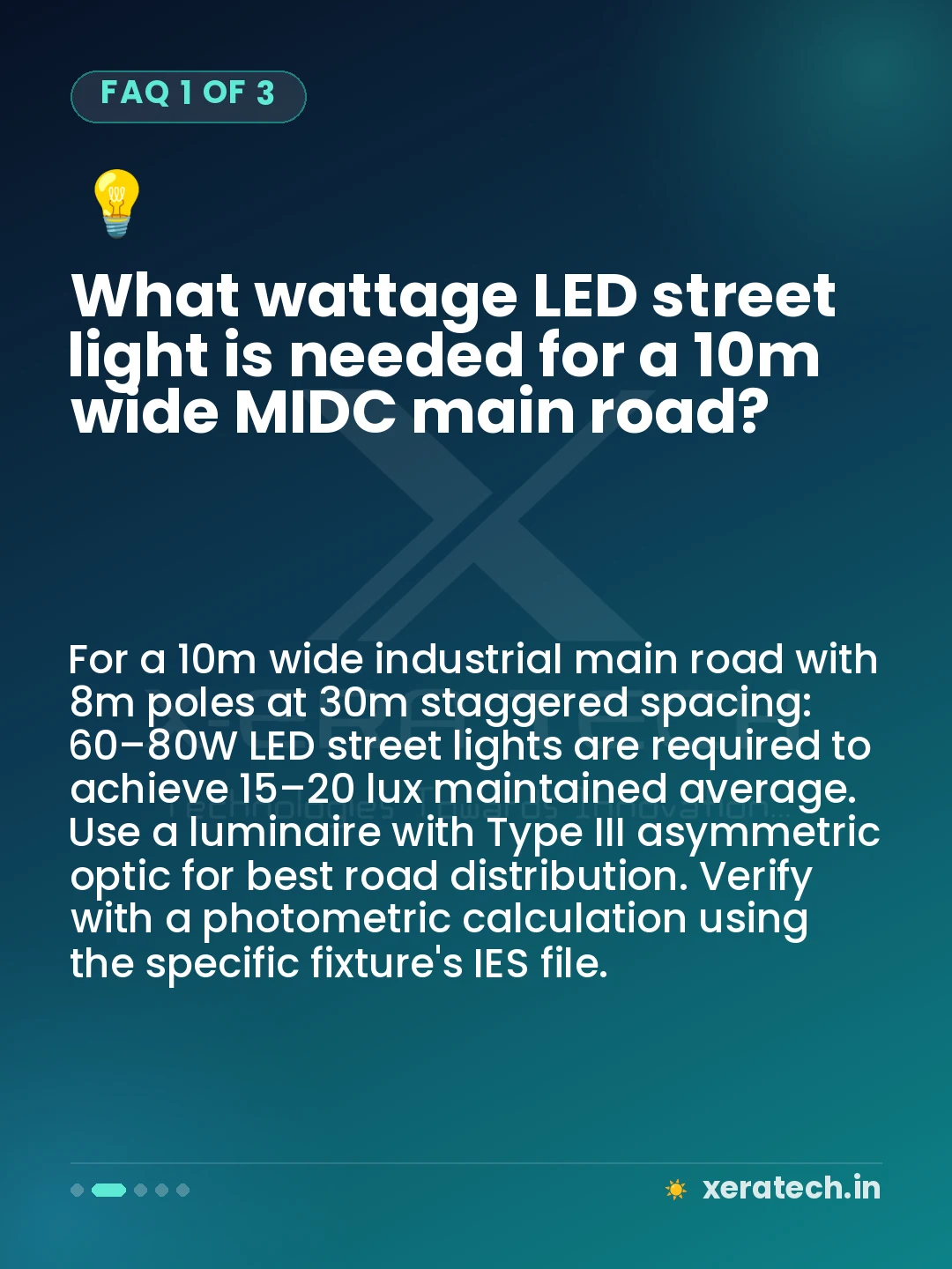 What wattage LED street light is needed for a 10m wide MIDC main road?