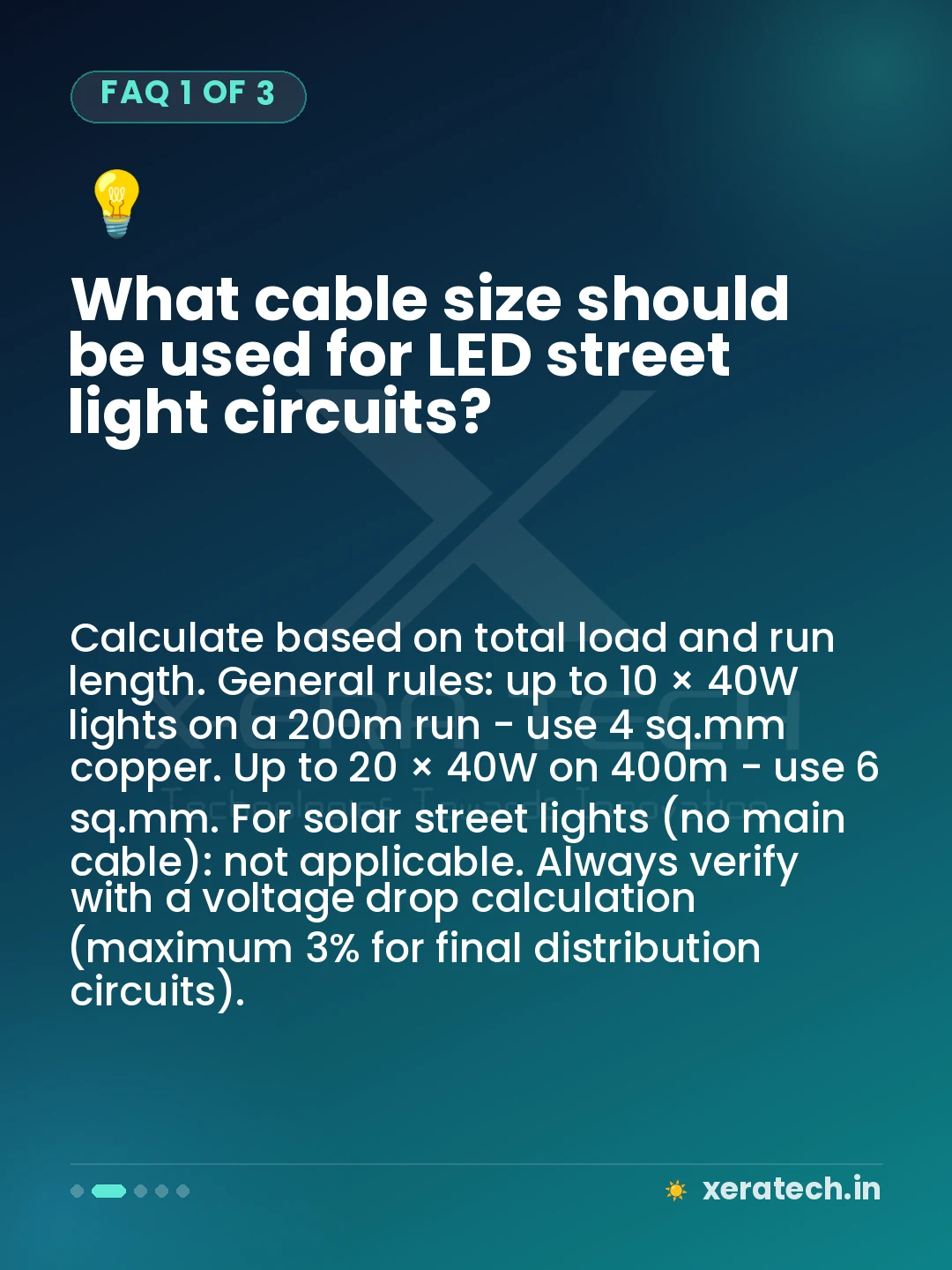 What cable size should be used for LED street light circuits?