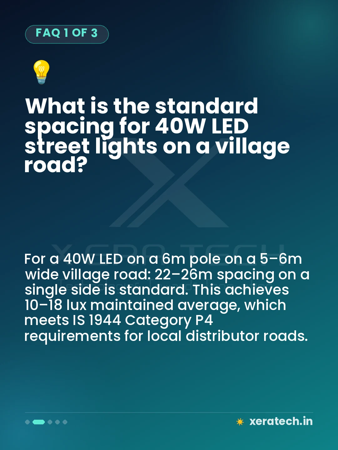 What is the standard spacing for 40W LED street lights on a village road?
