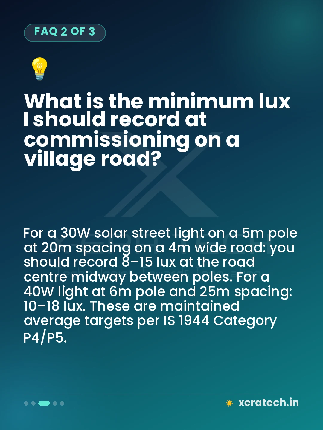 What is the minimum lux I should record at commissioning on a village road?