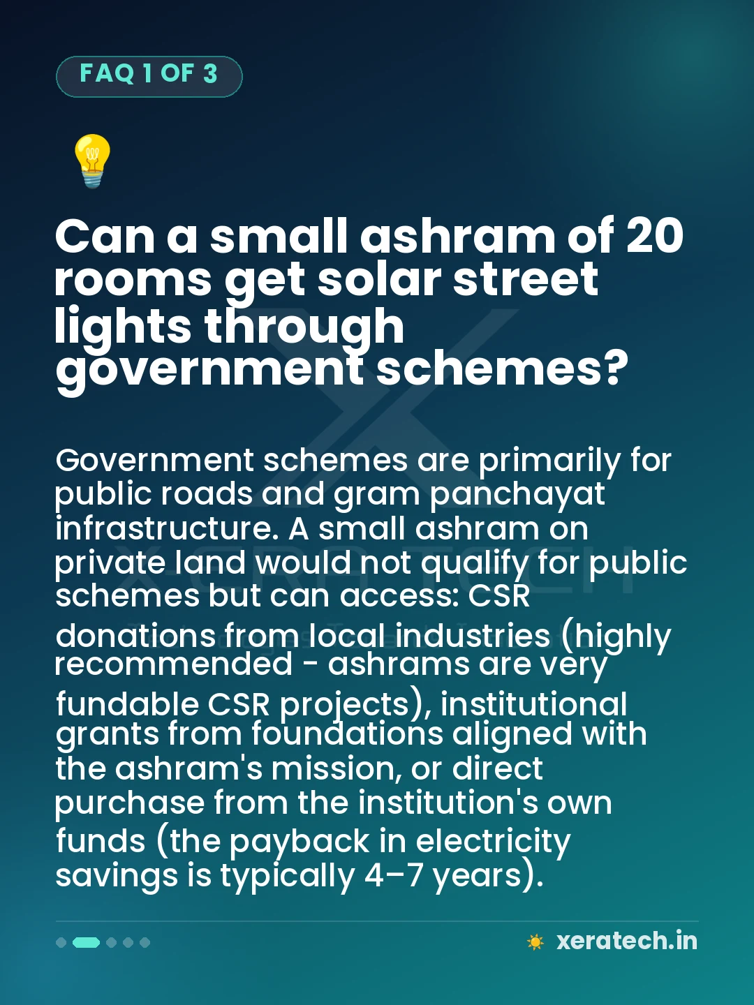 Can a small ashram of 20 rooms get solar street lights through government schemes?