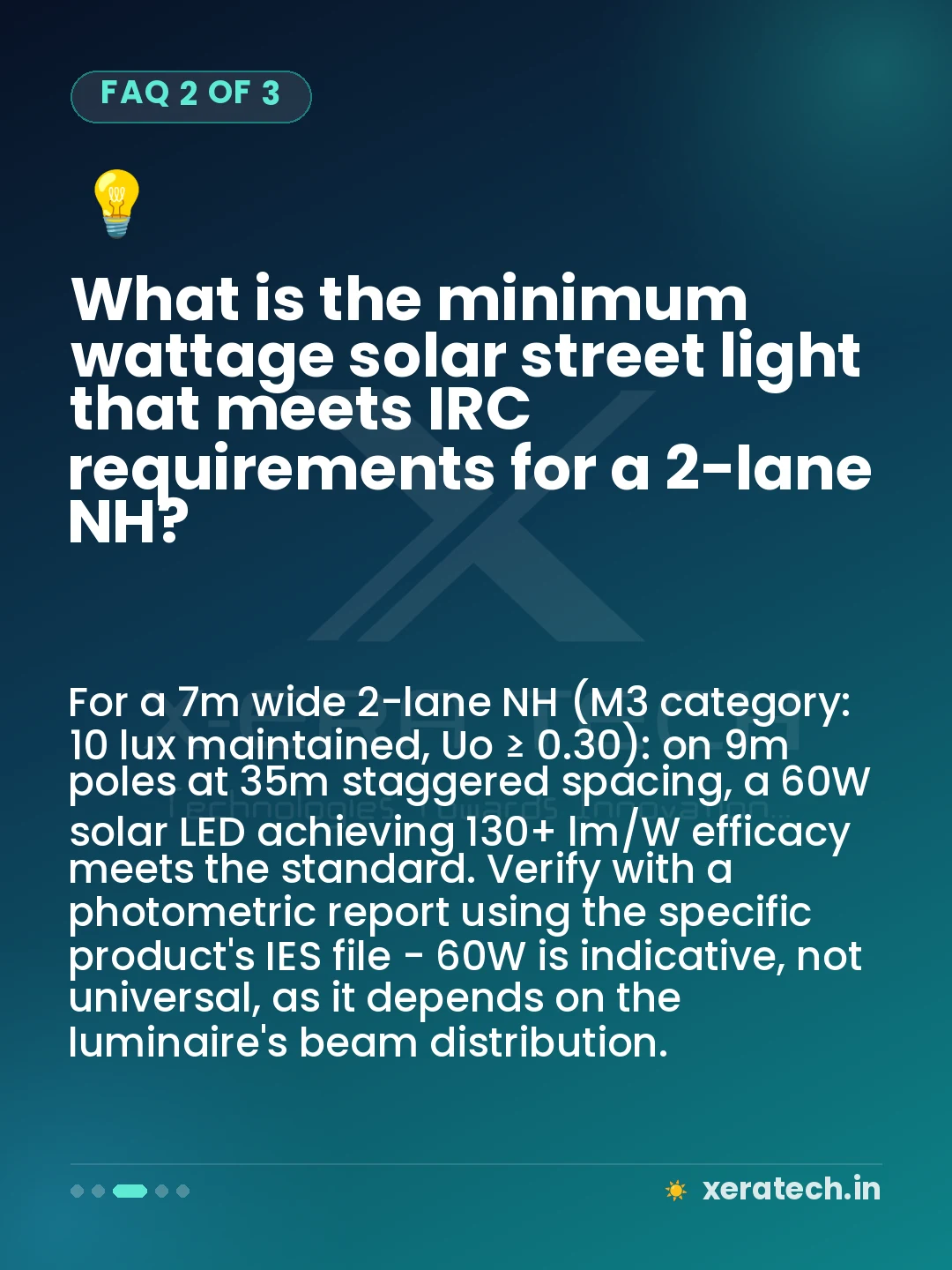 What is the minimum wattage solar street light that meets IRC requirements for a 2-lane NH?