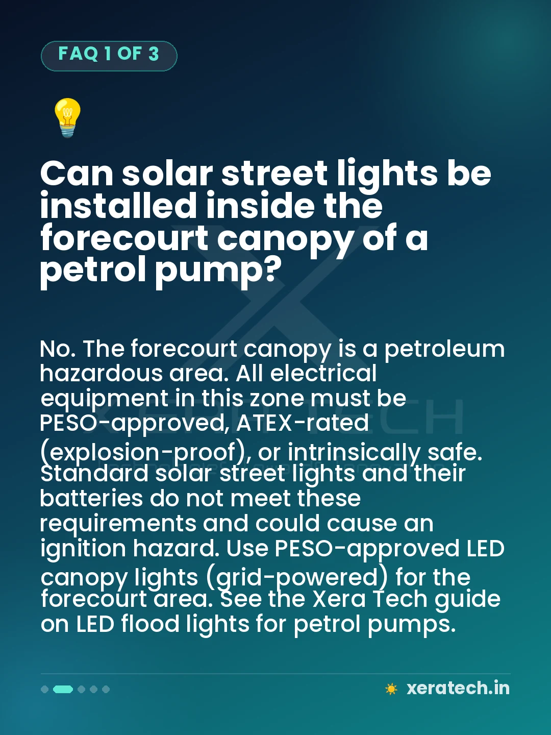 Can solar street lights be installed inside the forecourt canopy of a petrol pump?